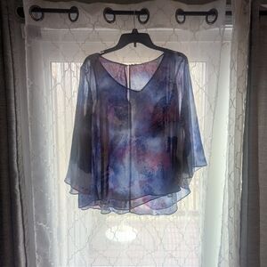 Jennifer Lopez Blue and Pink Sheer V-Neck Blouse